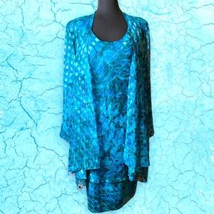 Vintage Patra 80s 90s Teal Blue Green Jacket Tiered Slip Dress Two Piece Set
